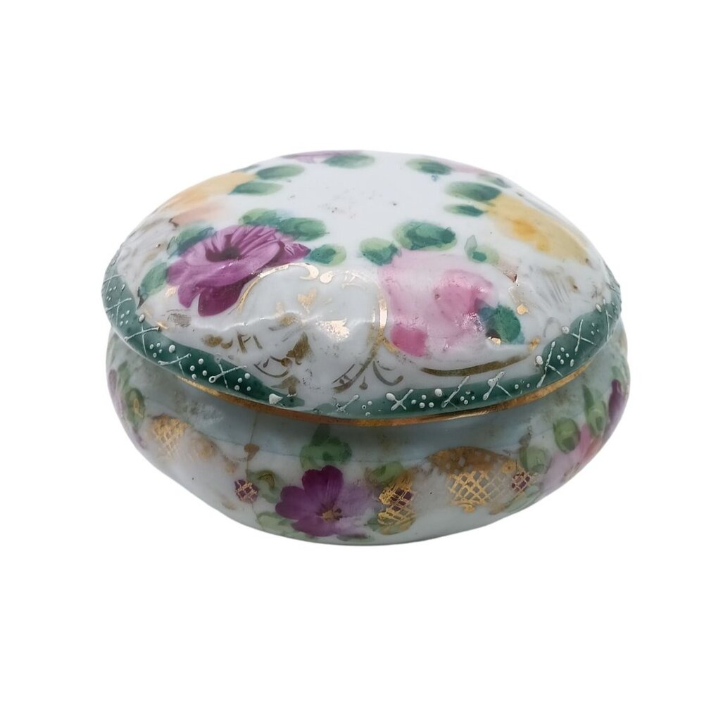 Antique Floral Porcelain Trinket Dish, Gilded Hand Painted Flowers, Victorian